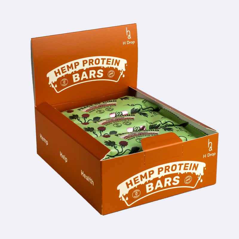 Peace of Mind - kanapių proteino batonėliai su avietėmis ir mača, jogurtiniame glaiste (12 vnt. dėžutė)