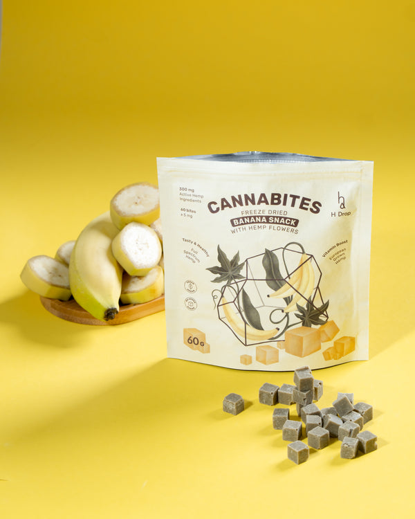 Cannabites - Funkciniai bananų kubeliai su kanapių žiedais (didelė 60 vnt. pakuotė, 300mg)
